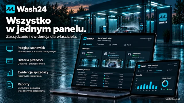 Panel właściciela Wash24 z wynikami stanowisk
